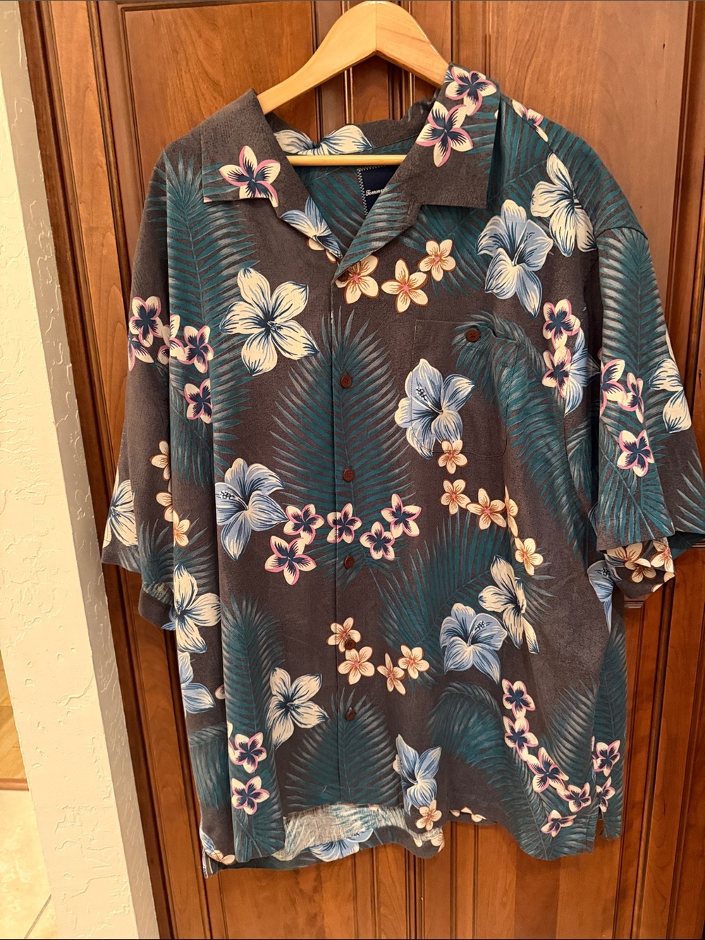 Tommy Bahama Dark Gray Camp Shirt with Blue & Cream Floral Print